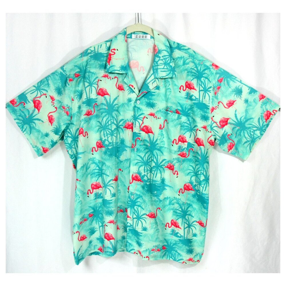 Tropical Pink Flamingos Mens Button Down Floral Hawaiian Aloha Shirt Aqua 2XL